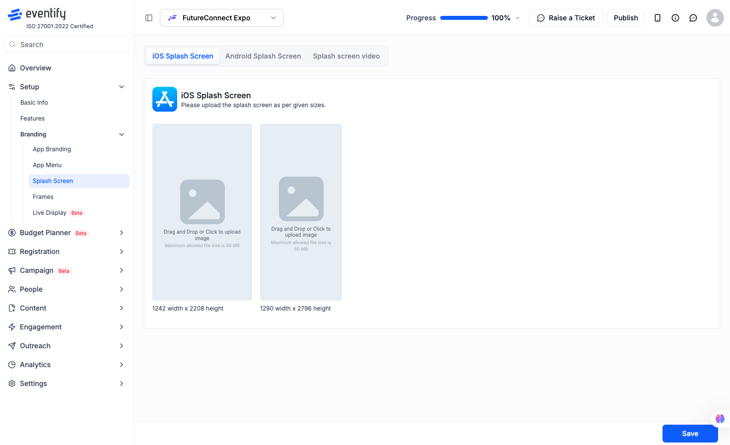 iOS Splash Screen upload slots showing two size requirements