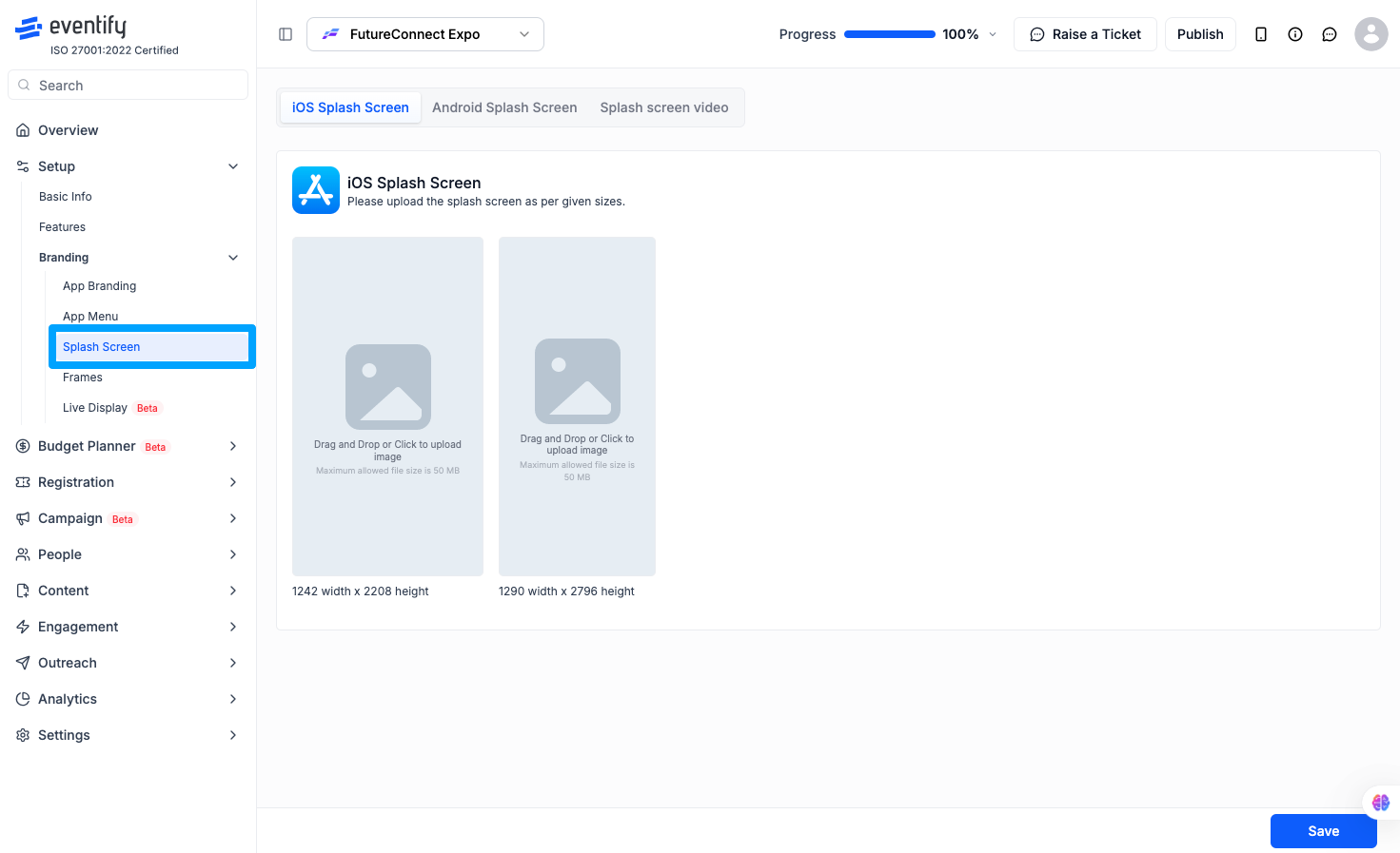 Splash Screen page in Eventify Admin Panel showing three tabs