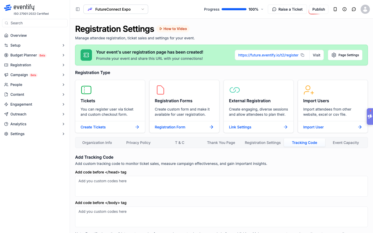 Eventify Tracking Code tab with fields to add code before the head and body tags
