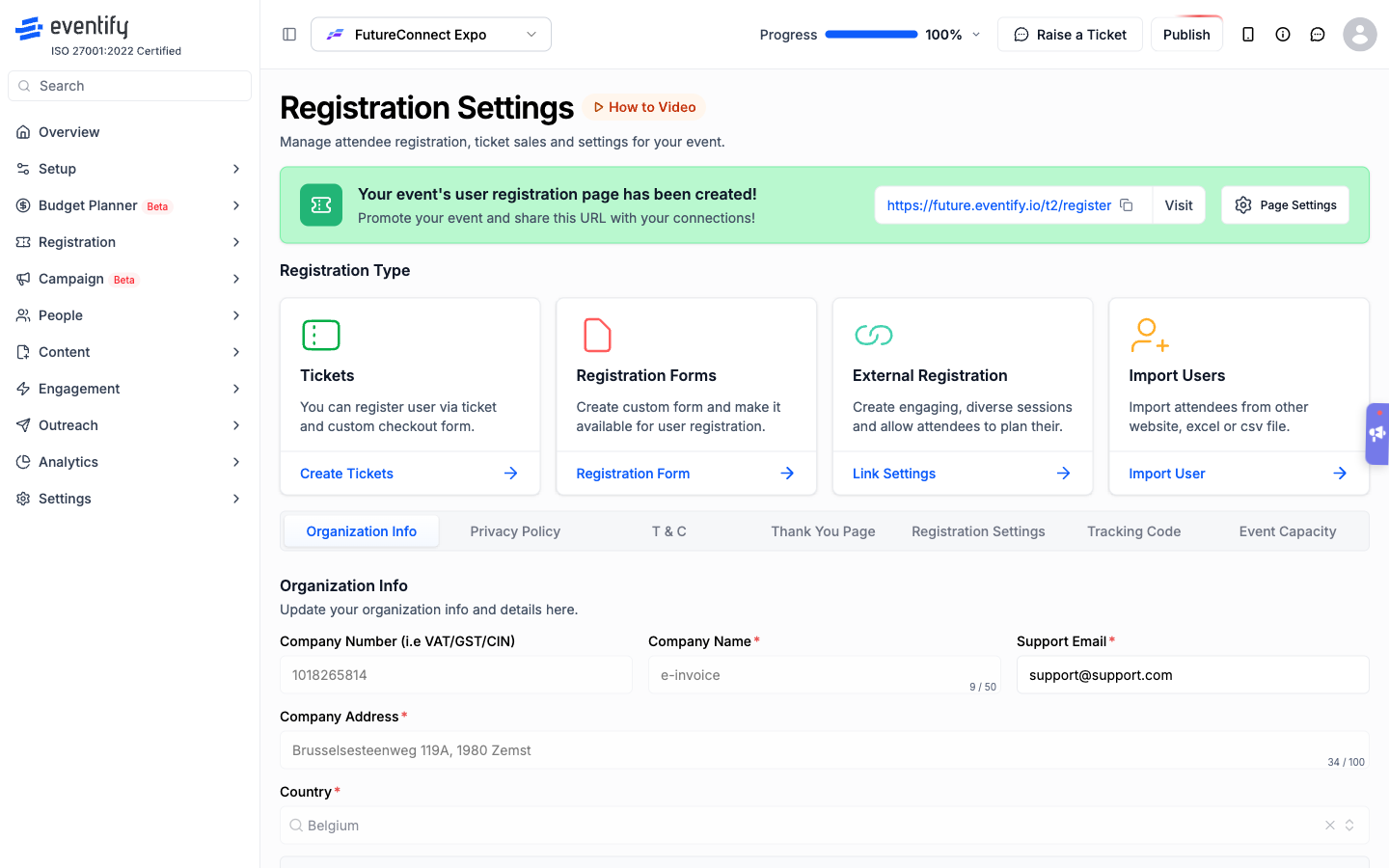 Eventify Registration Settings page with the Tracking Code tab