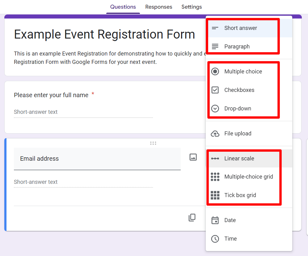 Google Forms free RSVP form screenshot