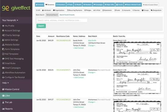 Giveffect nonprofit CRM interface