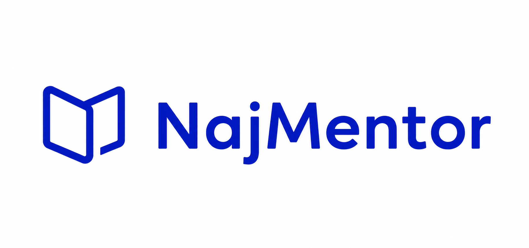 Blue NajMentor logo with stylized open book icon on the left and bold text on the right against a white background.