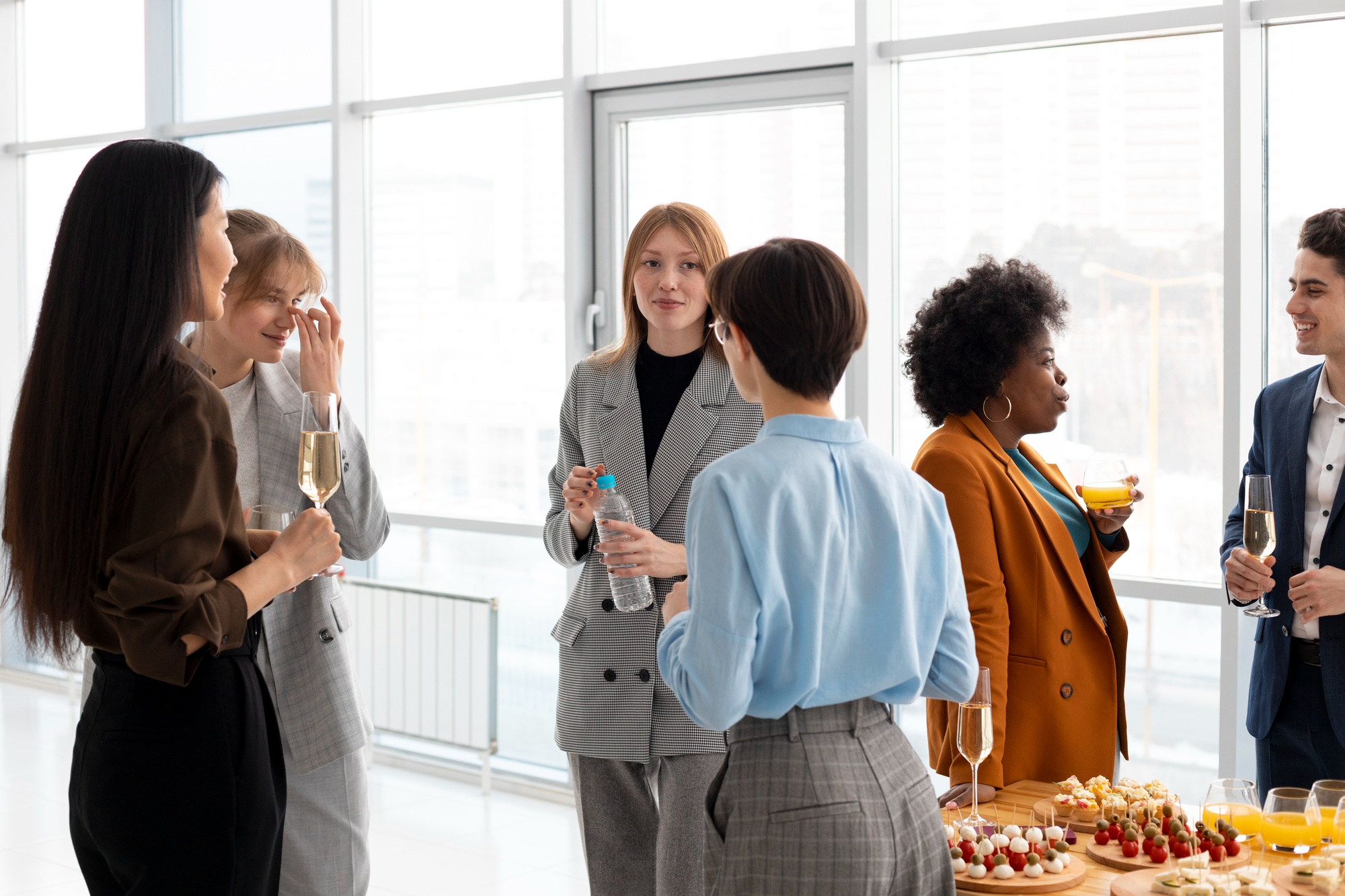 A group of business professionals having a discussion and refreshments during an office networking session.