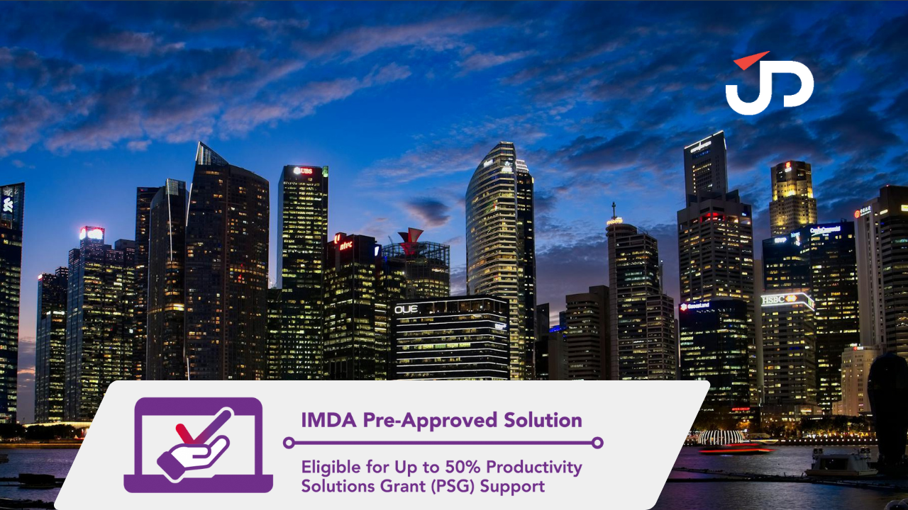 J&P Consulting banner with Singapore skyline promoting IMDA Pre-Approved Solution eligible up to 50& of Grant Support