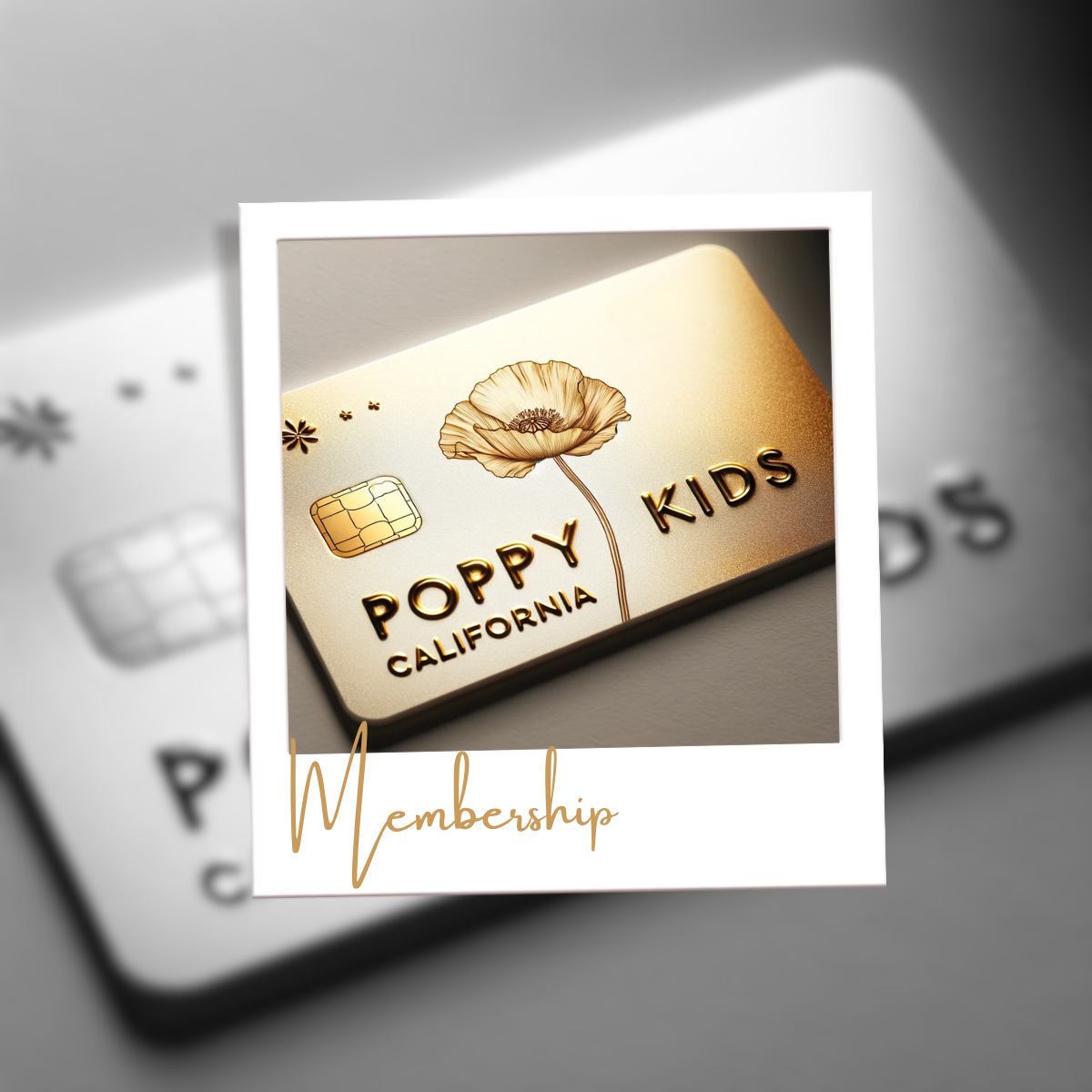 A close-up illustration of a golden membership card titled 'POPPY KIDS CALIFORNIA' prominently displayed in a Polaroid-style frame against a shaded background. The card features a detailed image of a poppy flower, along with the chip of a credit card, evoking a sense of exclusivity and premium service. Below the card, in elegant cursive, is the word 'Membership', highlighting the card's purpose.