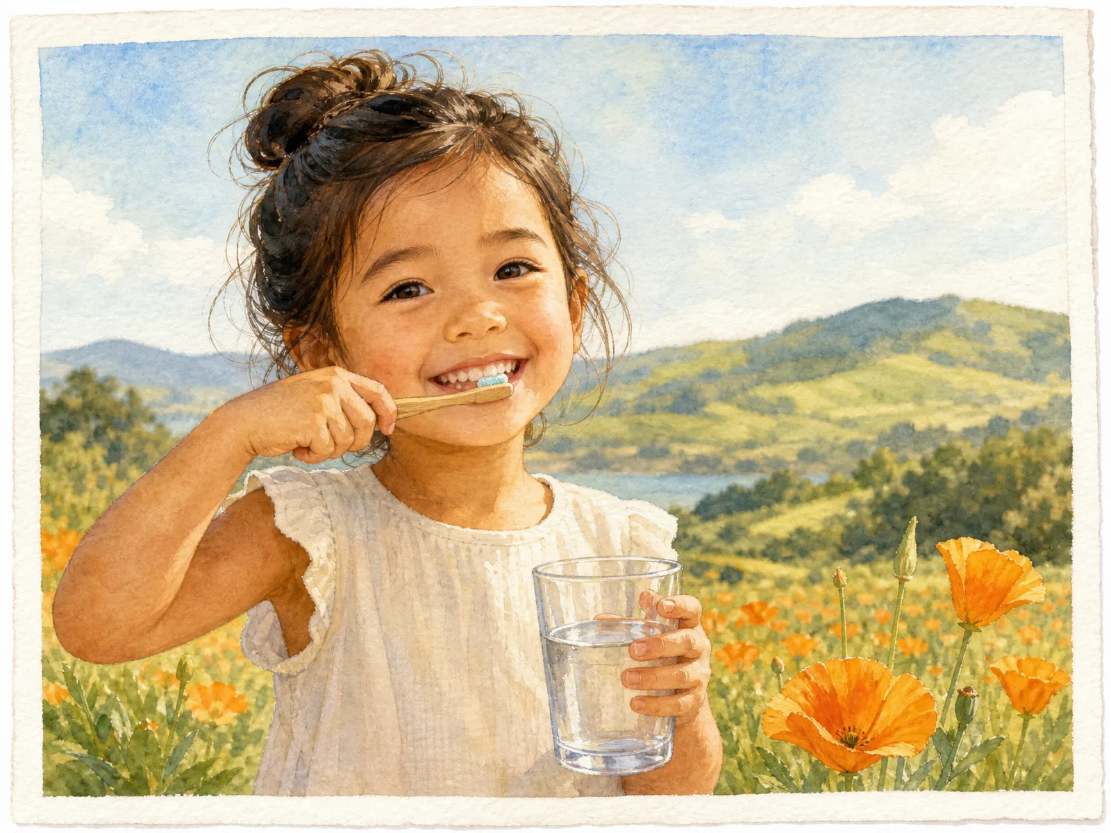 A cheerful young child brushing their teeth and holding a glass of water in a sunny California poppy meadow.