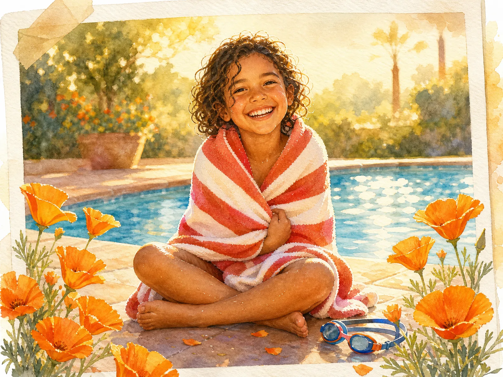 A happy child wrapped in a colorful striped beach towel laughing poolside on a sunny summer day, with vibrant orange California poppies blooming beside the pool.
