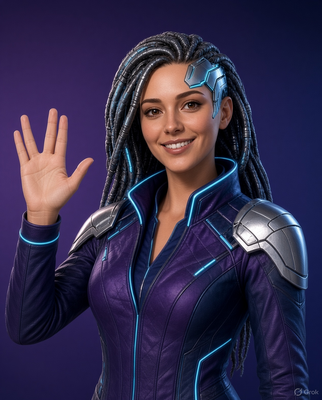 CUT Computers support agent — light-tanned cyborg woman waving with all five fingers clearly visible.