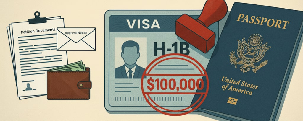 Ilustración conceptual de una visa H-1B dentro de un pasaporte estadounidense, con un sello rojo que marca “$100,000” sobre la página de la visa.
