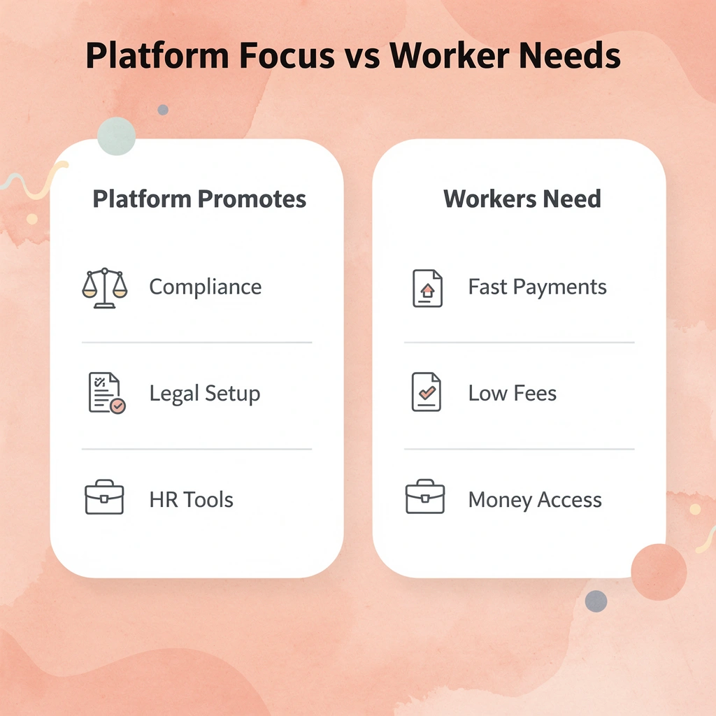 Comparison table showing platform features versus worker priorities