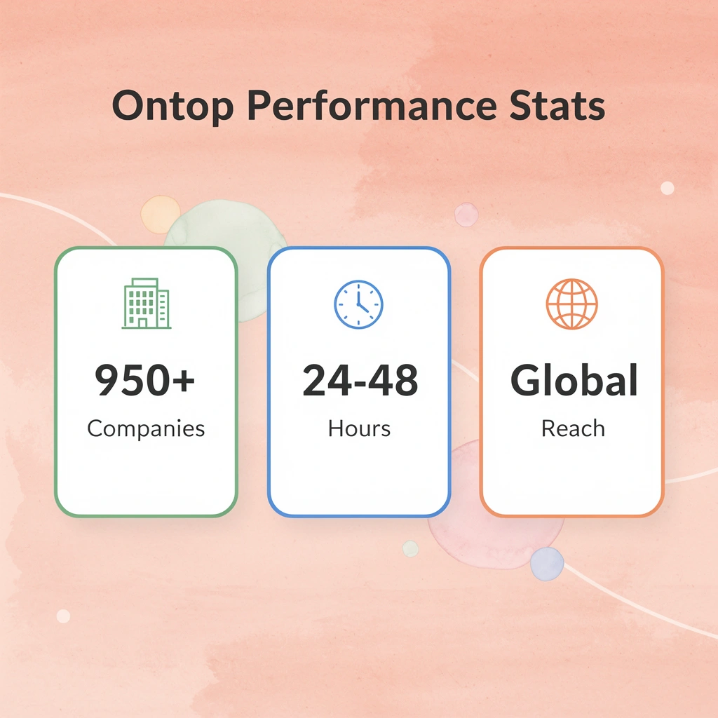 Performance statistics showing 950+ companies, 24-48 hour setup, and global reach