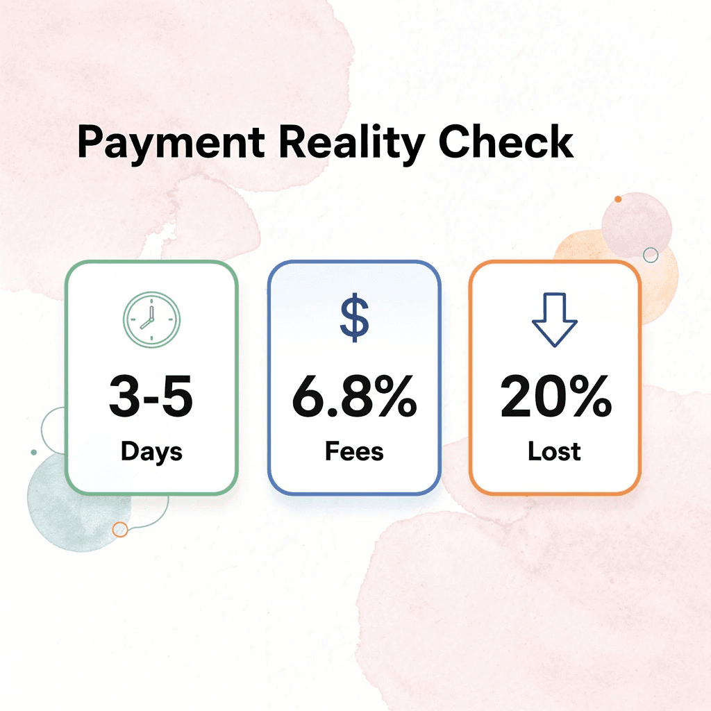 Statistics showing payment delays, fees, and earnings lost
