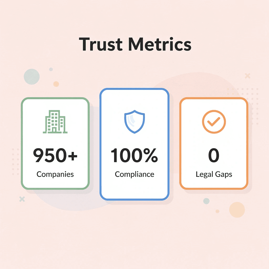 Statistics showing 950+ companies, 100% compliance, and zero legal gaps