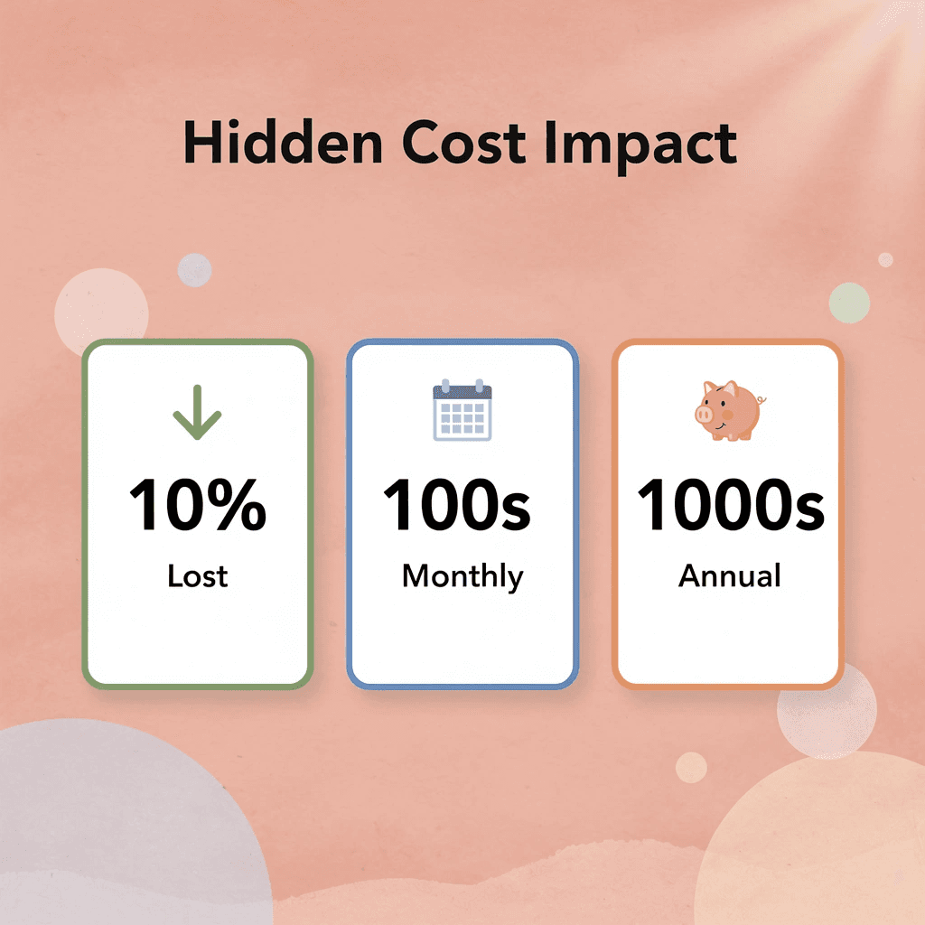 Statistics showing 10% lost per transaction, hundreds lost monthly, thousands lost annually