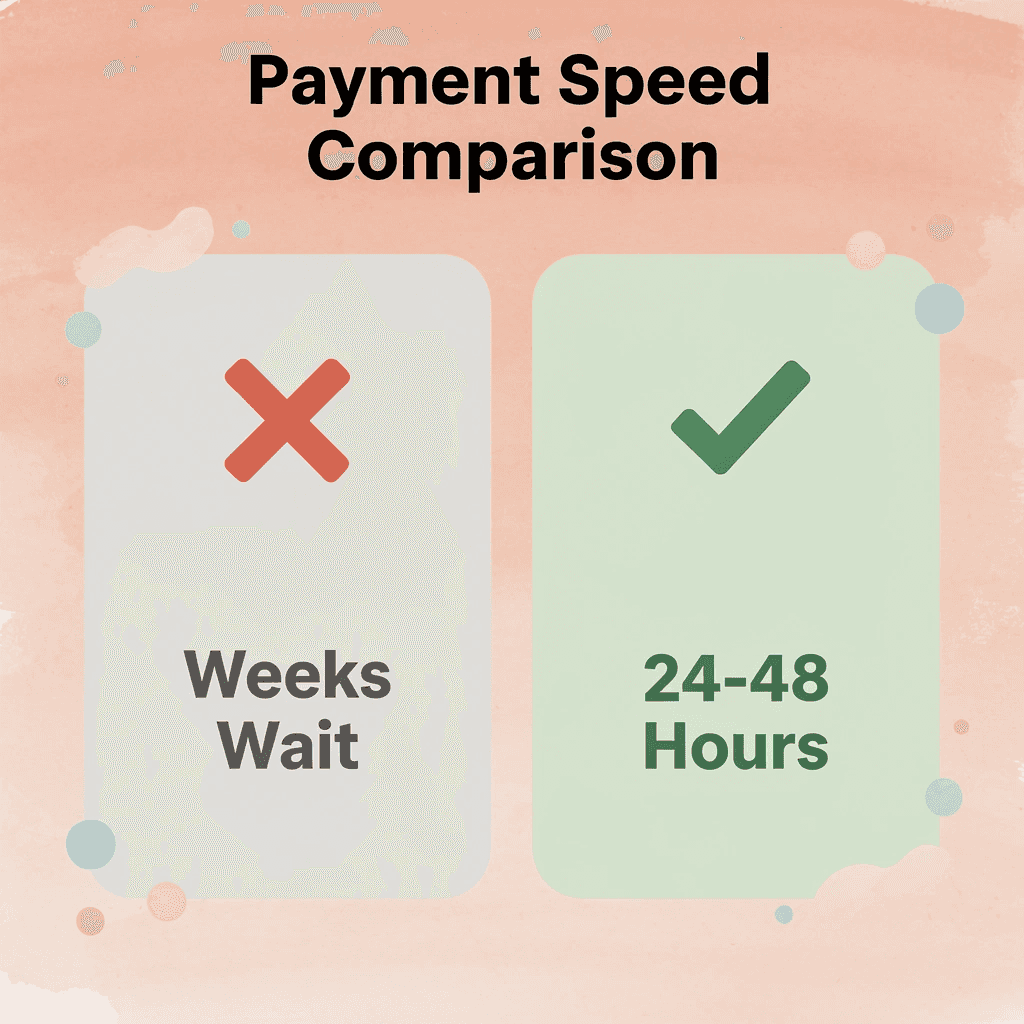 Before and after comparison showing payment speed improvement from weeks to 24-48 hours