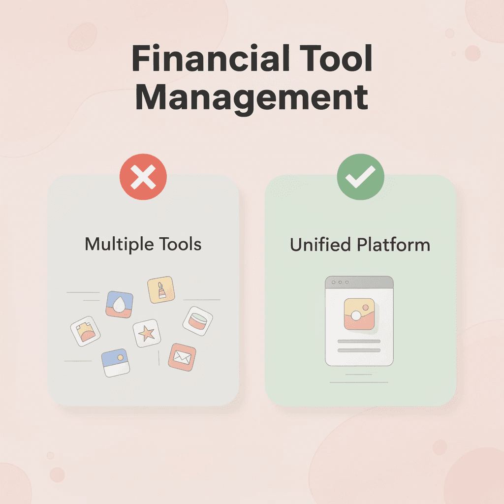 Before and after comparison showing transition from multiple financial tools to unified platform - Best Way to Pay International Contractors