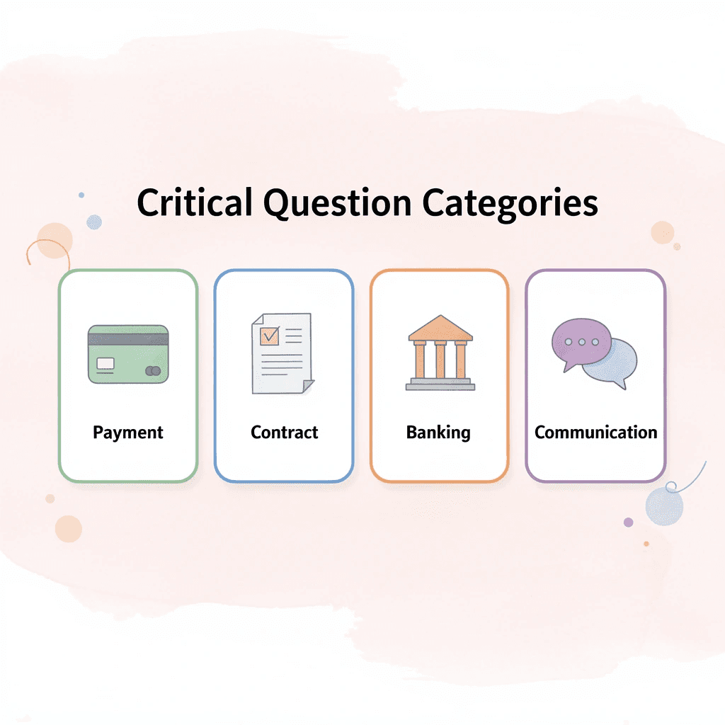 Four cards showing critical question categories for international remote work - How to Hire International Employees