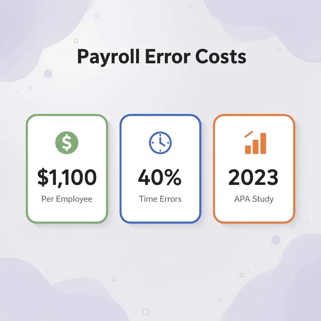 Statistics showing payroll error costs and time calculation mistakes