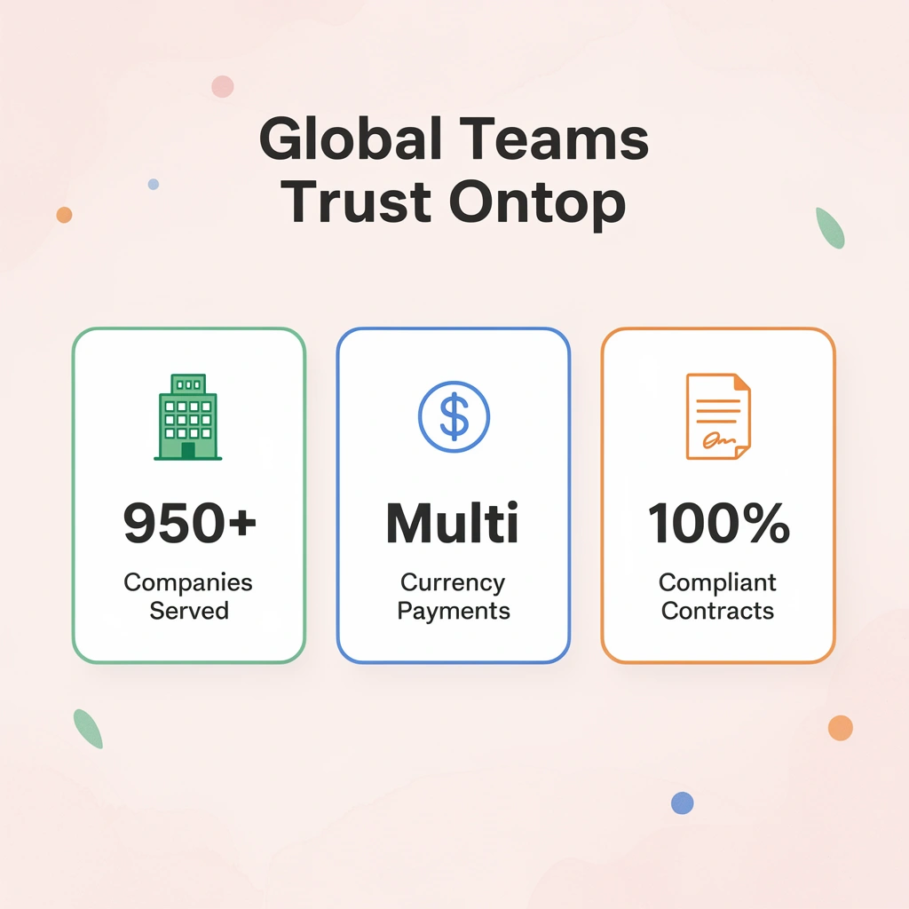 Infographic showing key Ontop platform statistics including 950+ companies, multi-currency payments, and compliant contracts