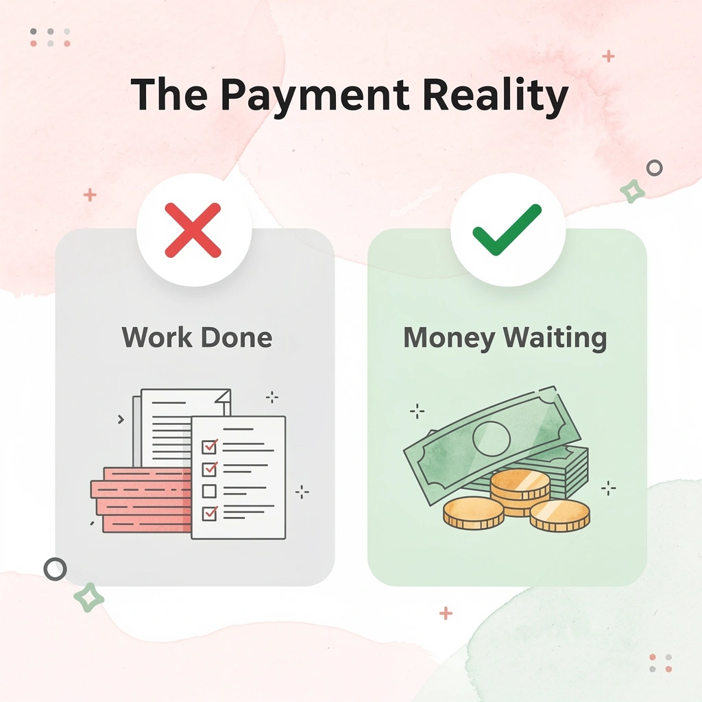 Before and after infographic showing the gap between completing work and receiving payment