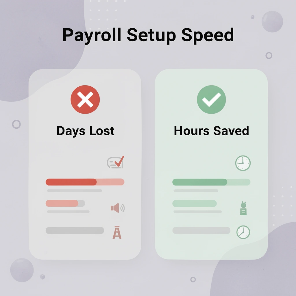 Before and after infographic comparing slow versus fast payroll setup timelines