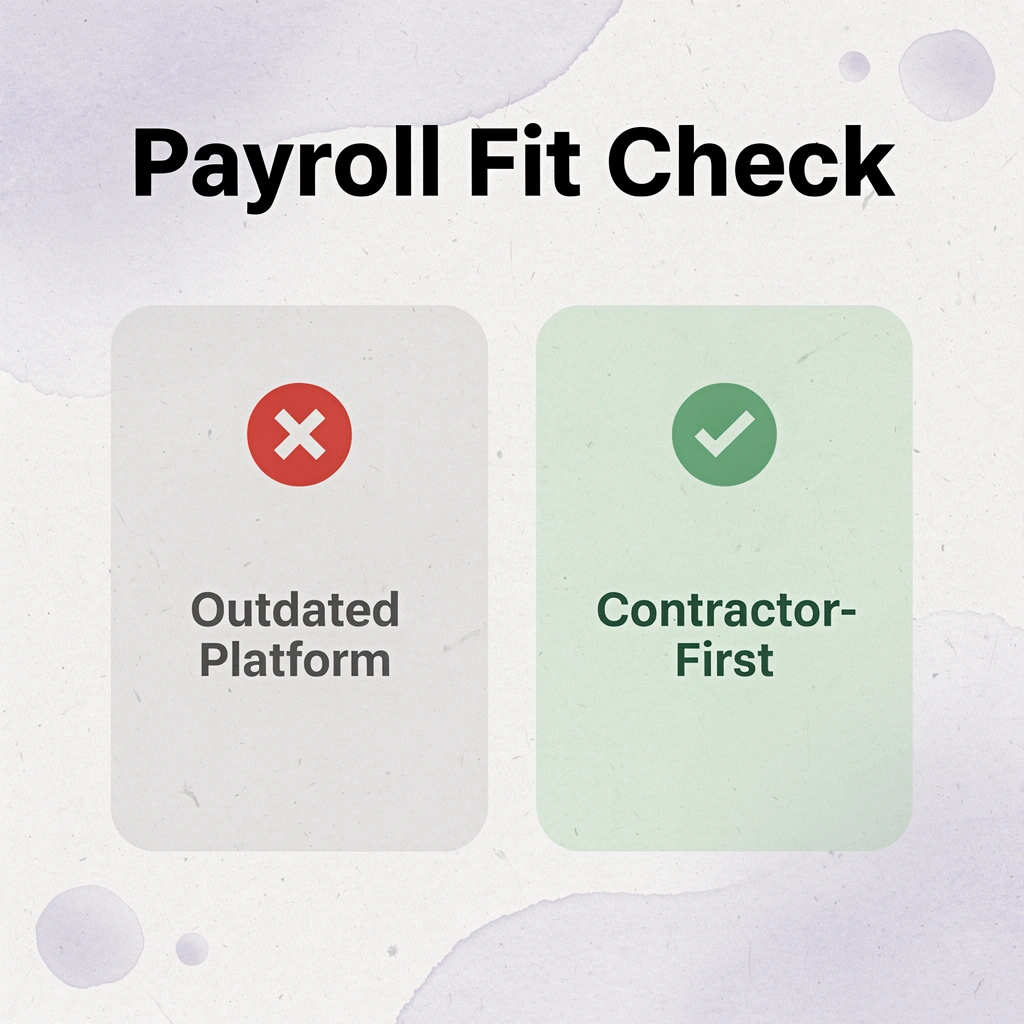 Before and after infographic comparing outdated payroll platform to a contractor-first modern solution