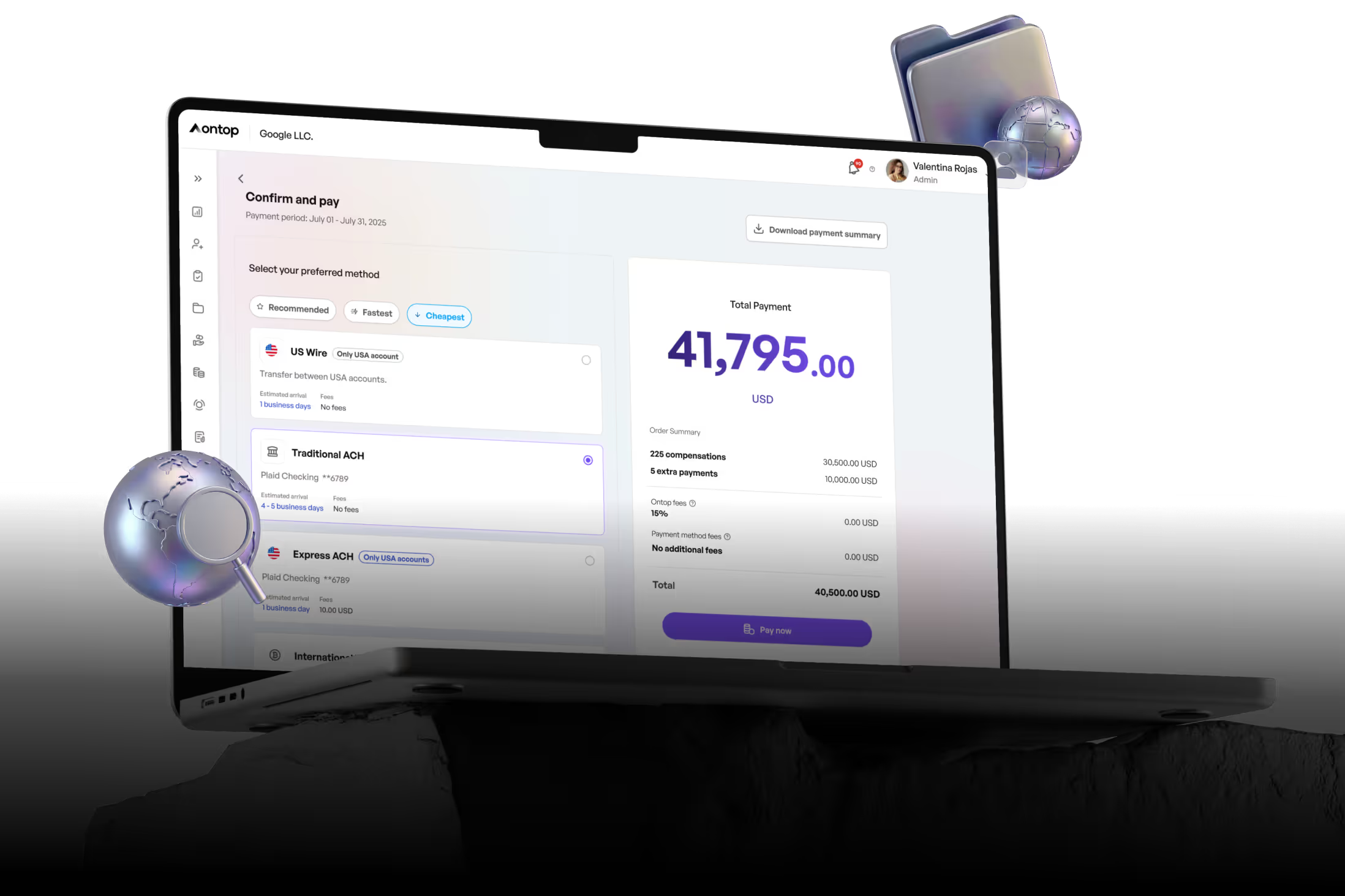 Confirming a cross-border payroll payment in the Ontop platform - remote hiring data