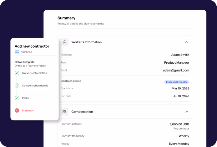 New contractor onboarding summary inside the payroll software.