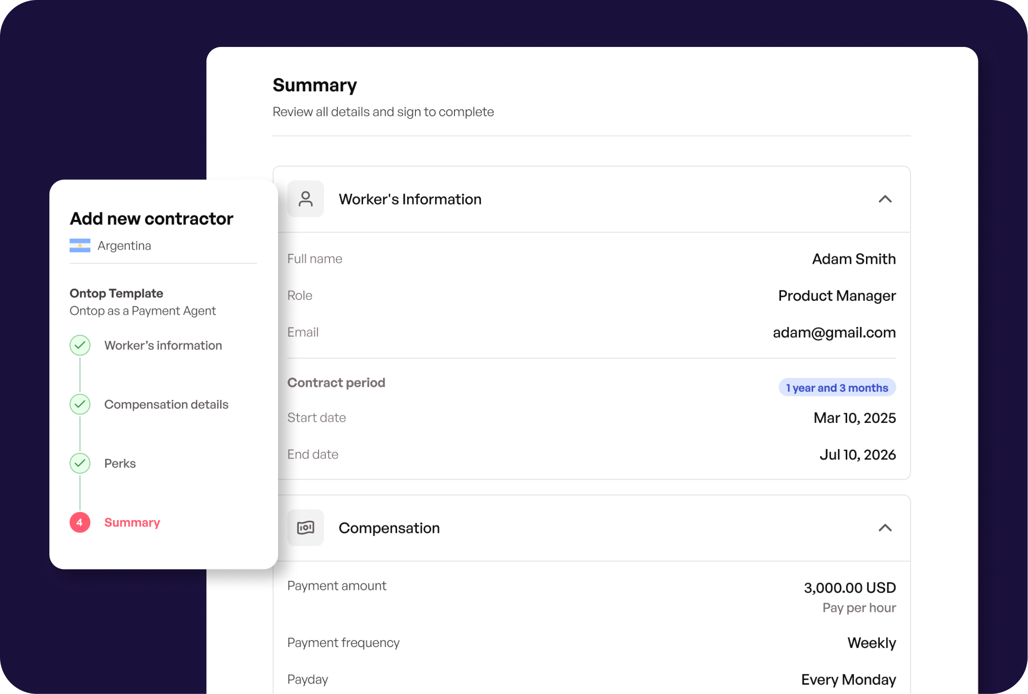 New contractor onboarding summary inside the payroll software.