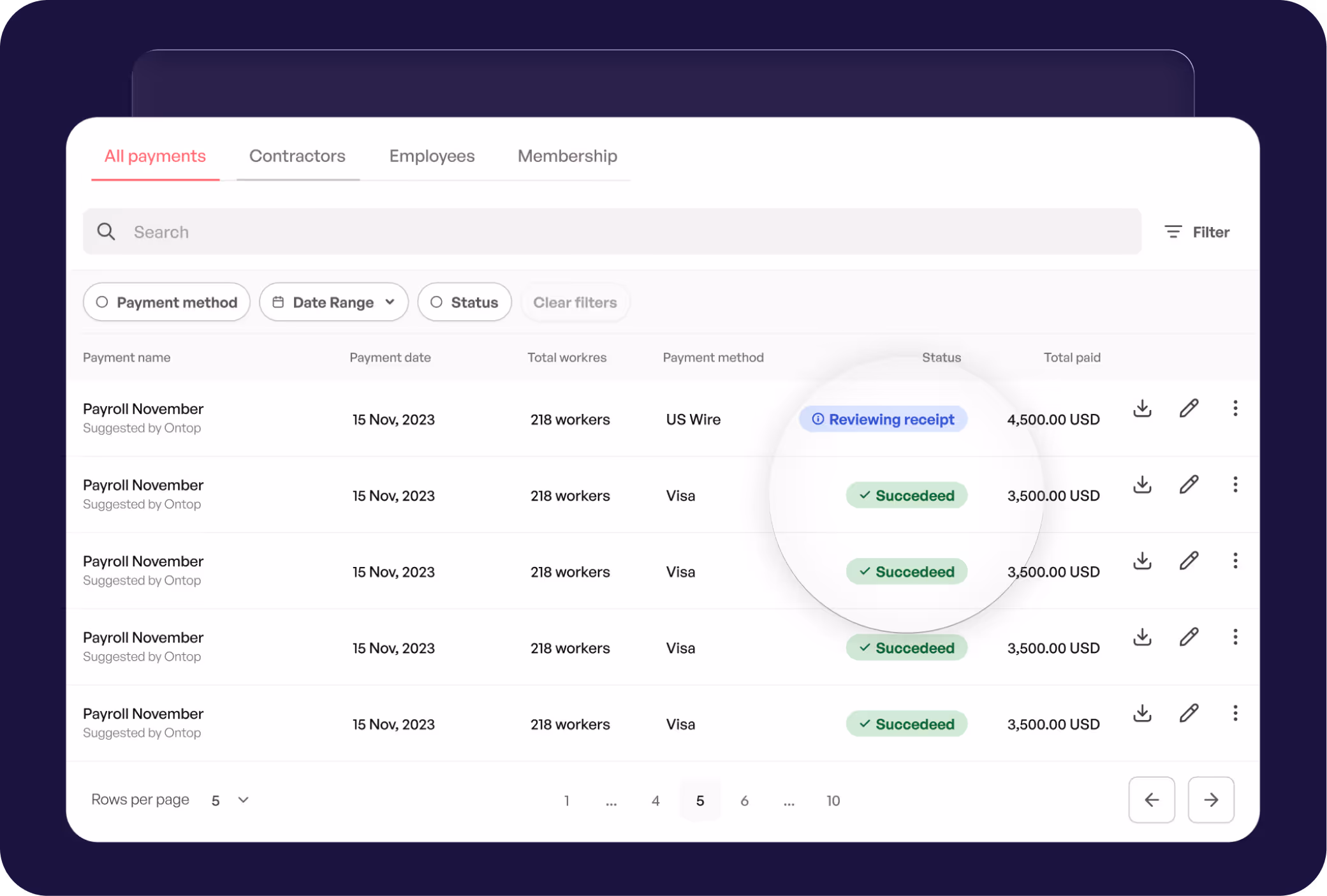 Payroll transaction history and payment status in the payroll software.