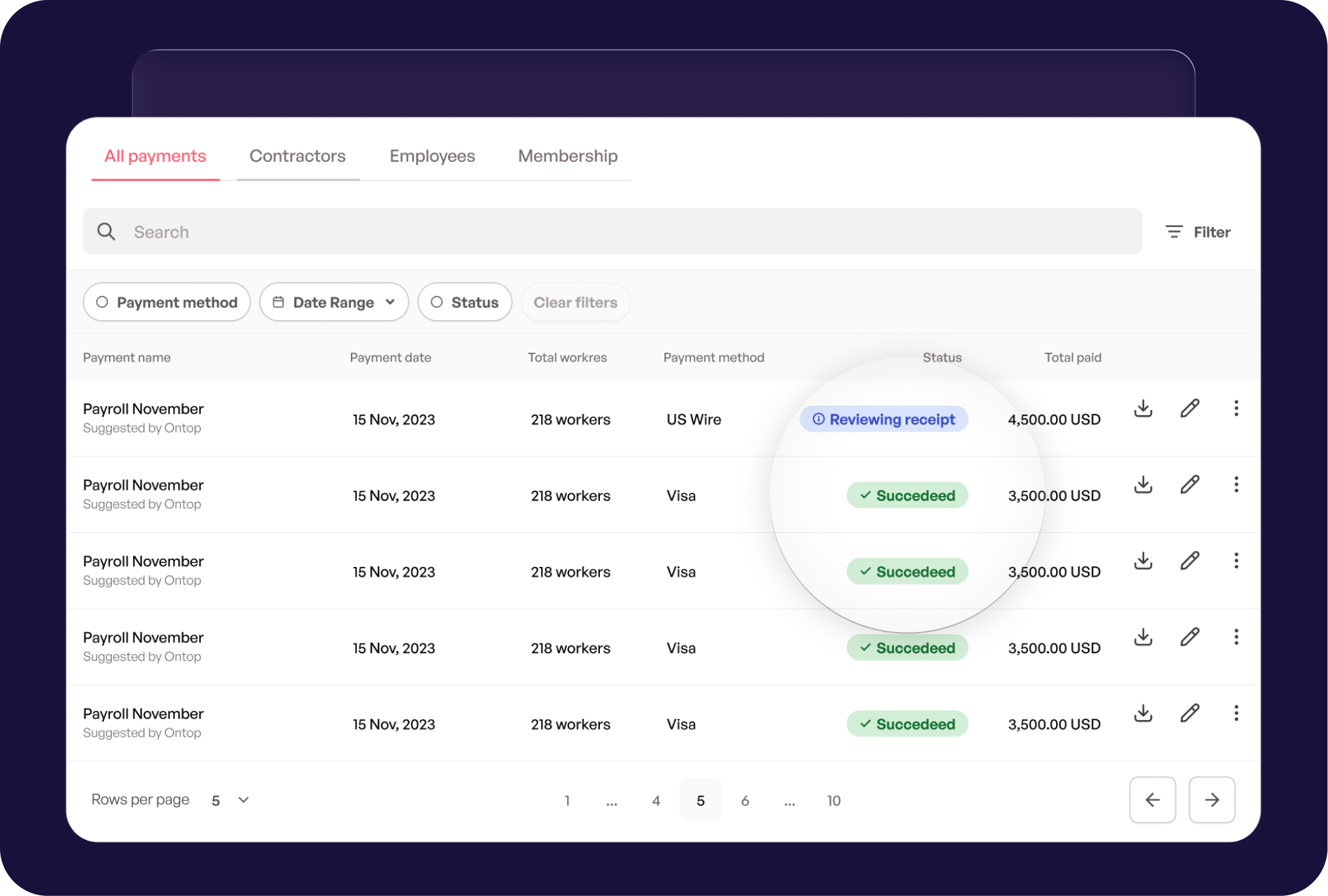 Payroll transaction history and payment status in the payroll software.