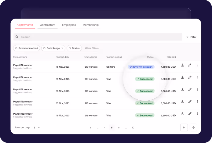 Payroll transaction history and payment status in the payroll software.