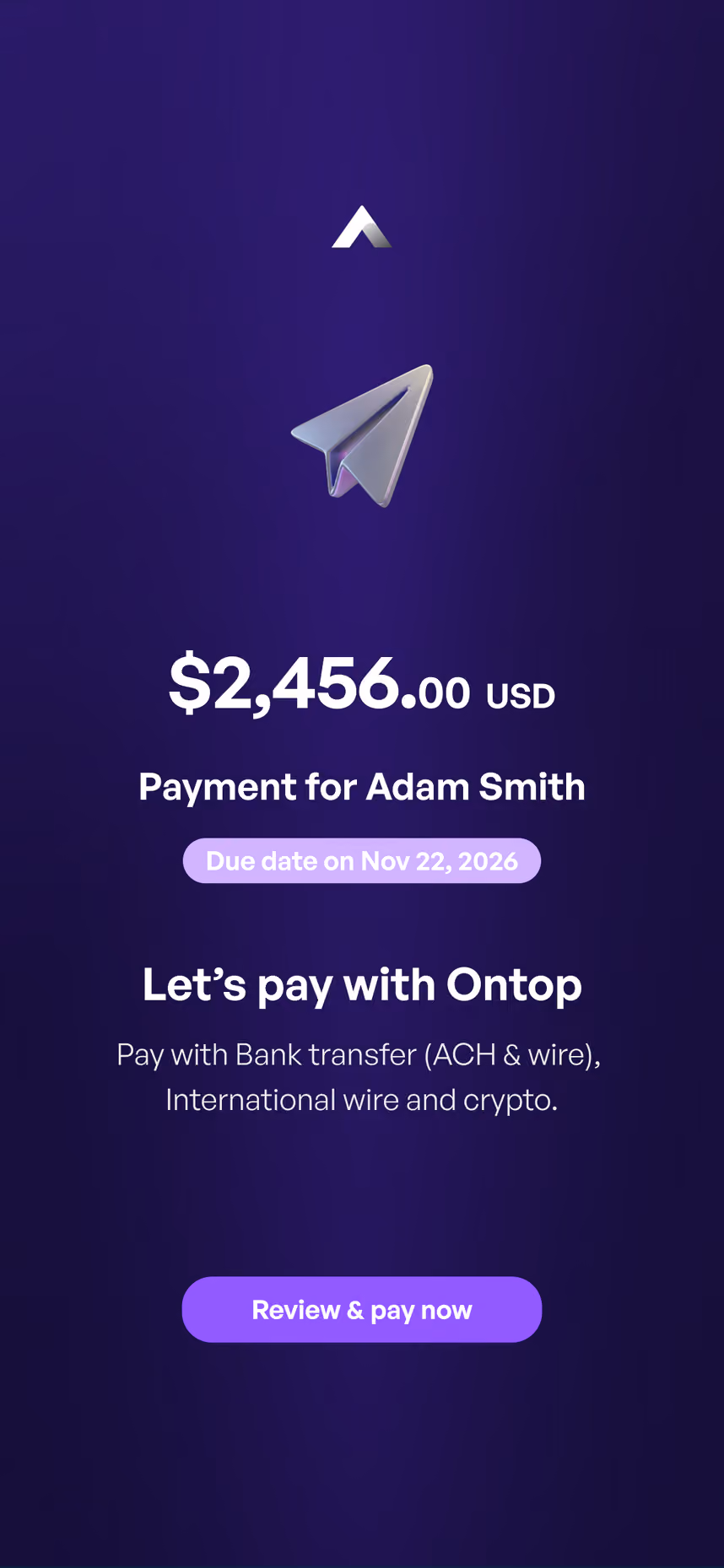 The Ontop Pay payment link as your client sees it: $2,456.00 USD due on Nov 22, 2026, payable by bank transfer, international wire or crypto.