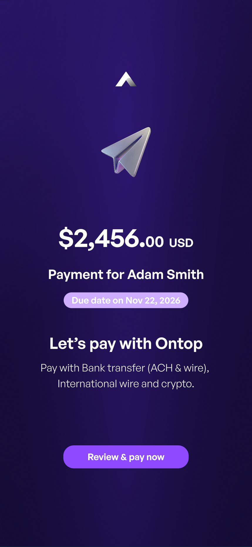 The Ontop Pay payment link as your client sees it: $2,456.00 USD due on Nov 22, 2026, payable by bank transfer, international wire or crypto.