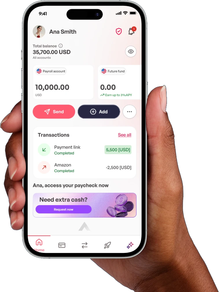 The Ontop app showing a global account balance in US dollars, with transactions and a paycheck advance