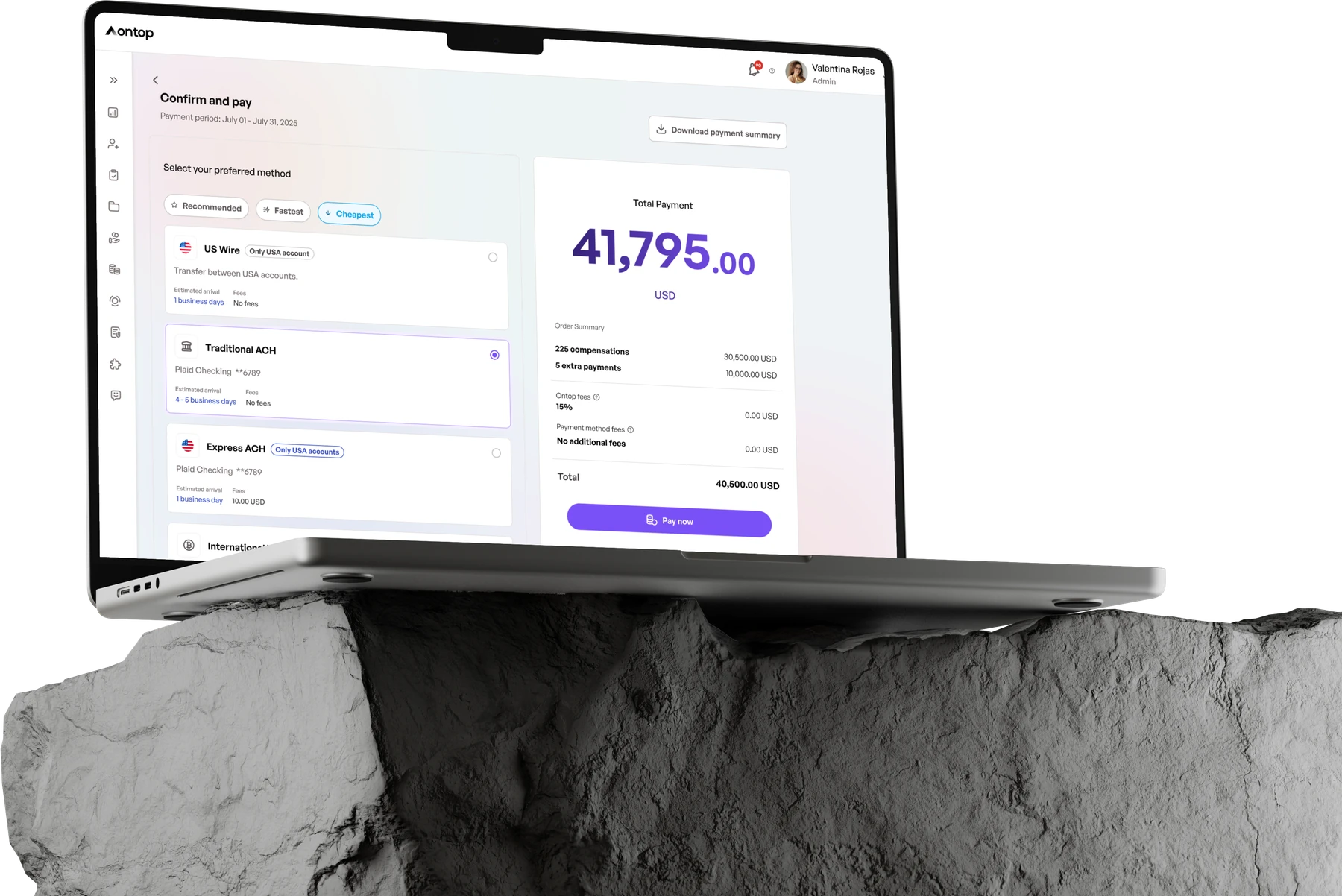 The Ontop platform confirming a payment run: payment method options and the total to pay in US dollars