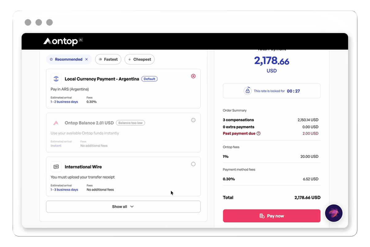 Ontop payment methods: pay contractors in local currency, from your Ontop balance or by international wire