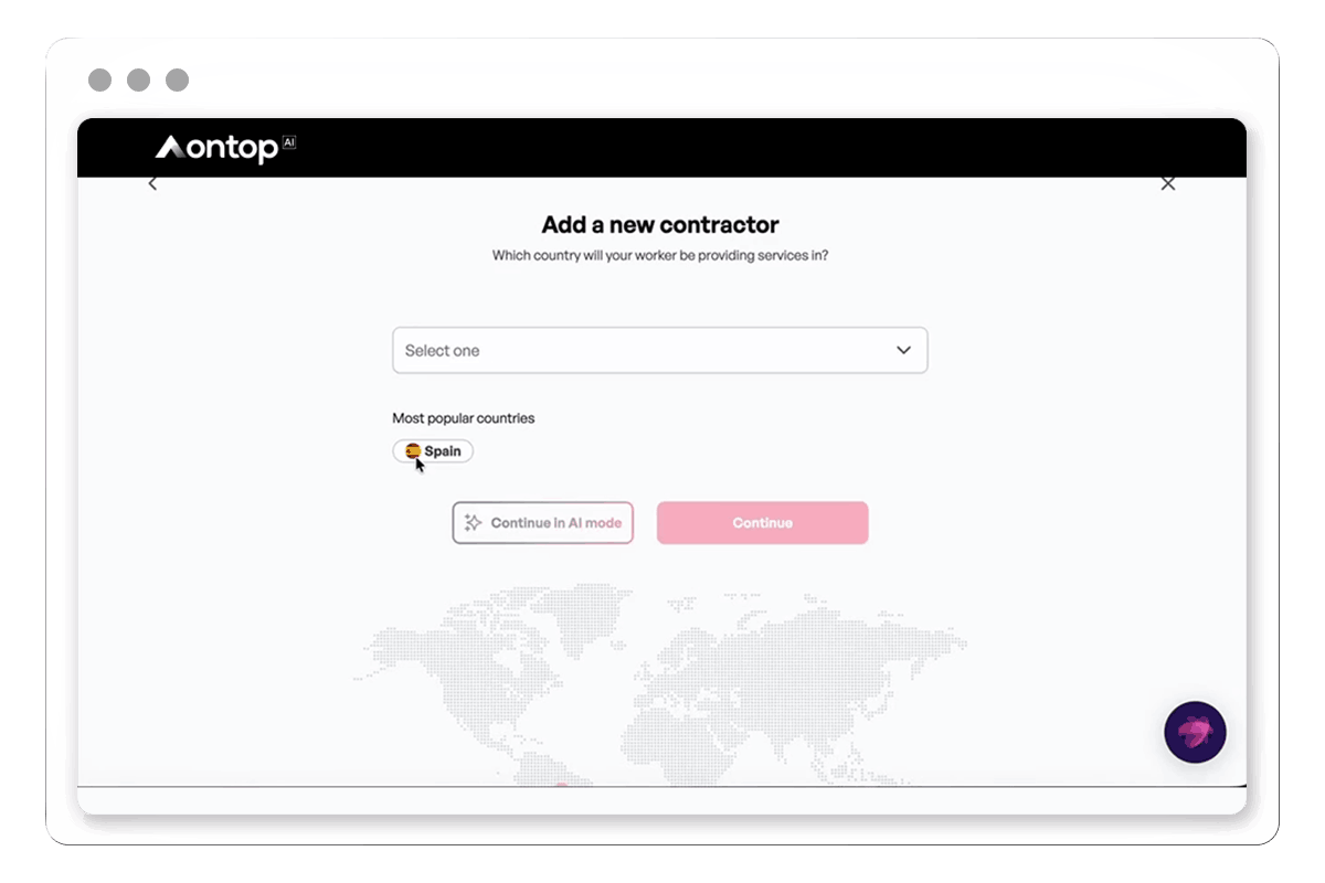 Add a new contractor in Ontop: choose the country where your worker will provide services