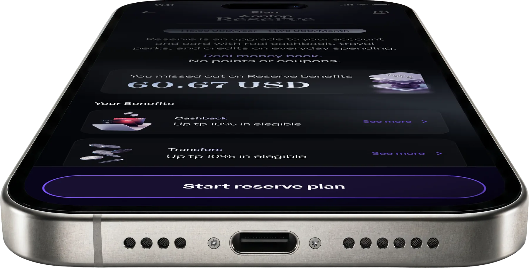 Ontop Reserve plan screen on a phone, showing benefits and the start button
