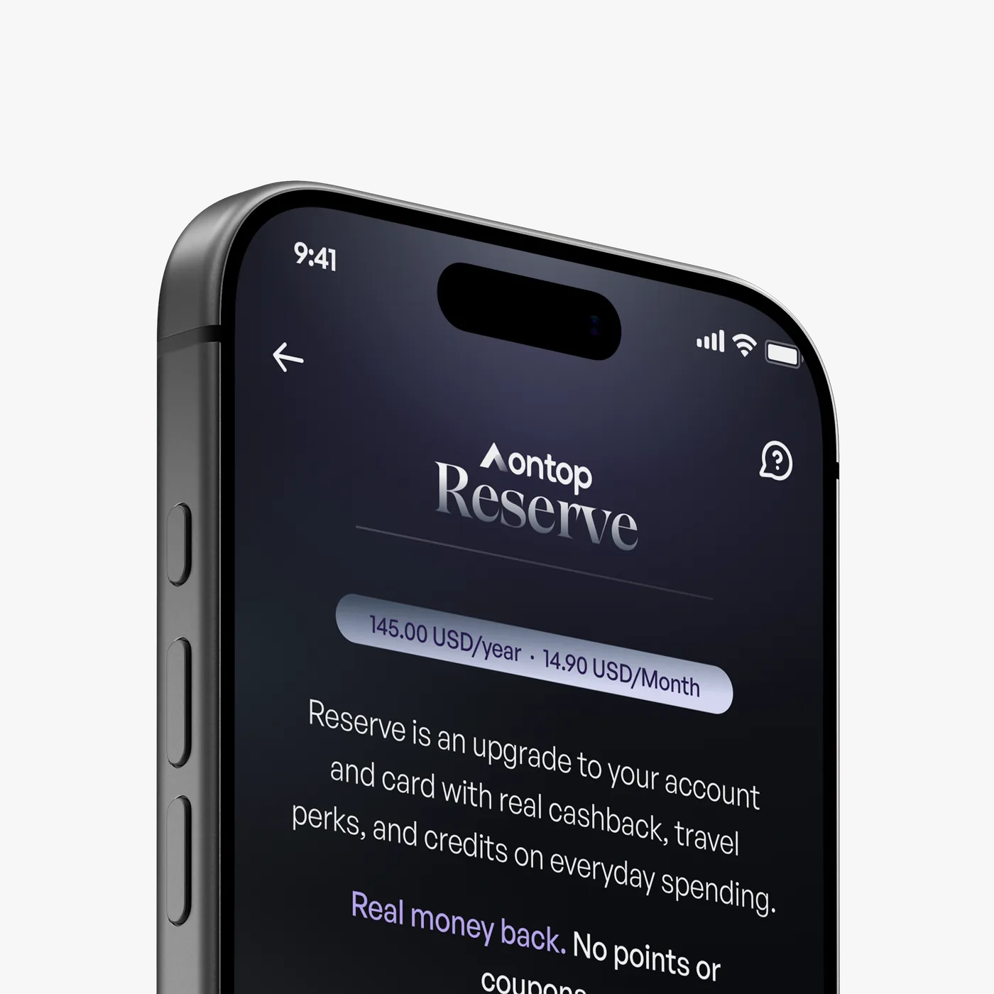 Ontop Reserve membership screen on a phone, with the yearly and monthly price