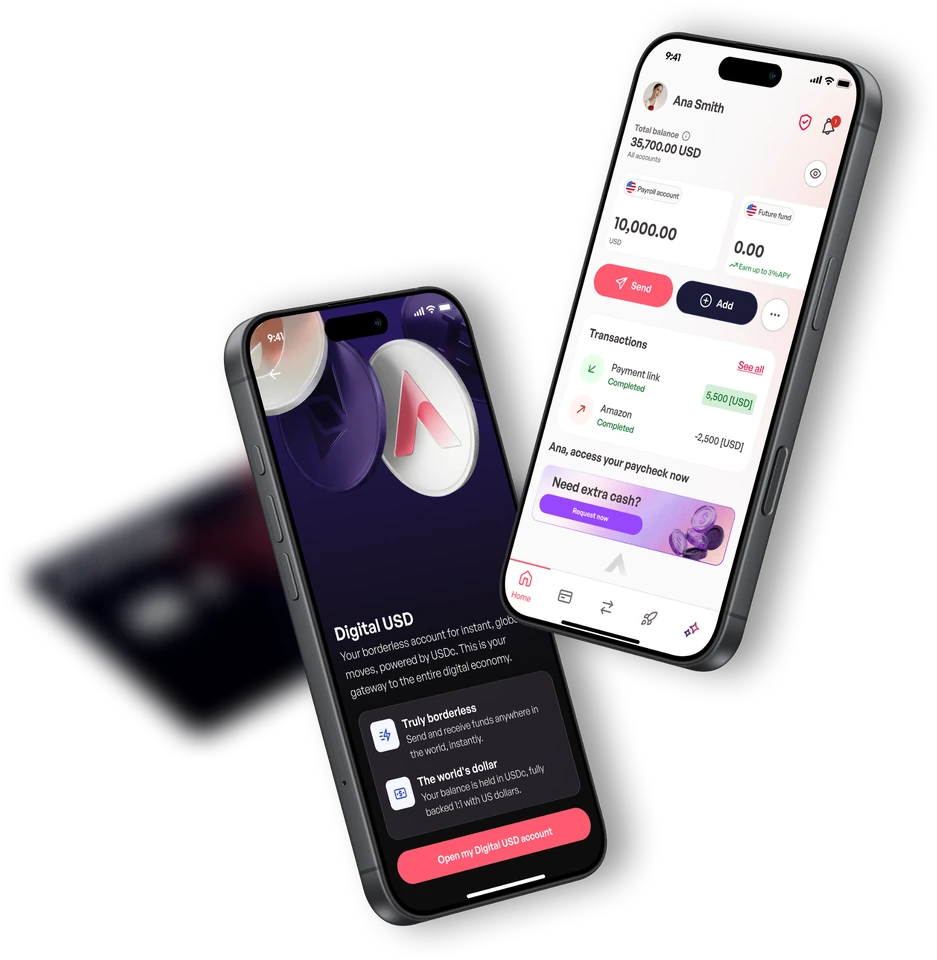Ontop Global Account mobile app: digital USD balance and transactions