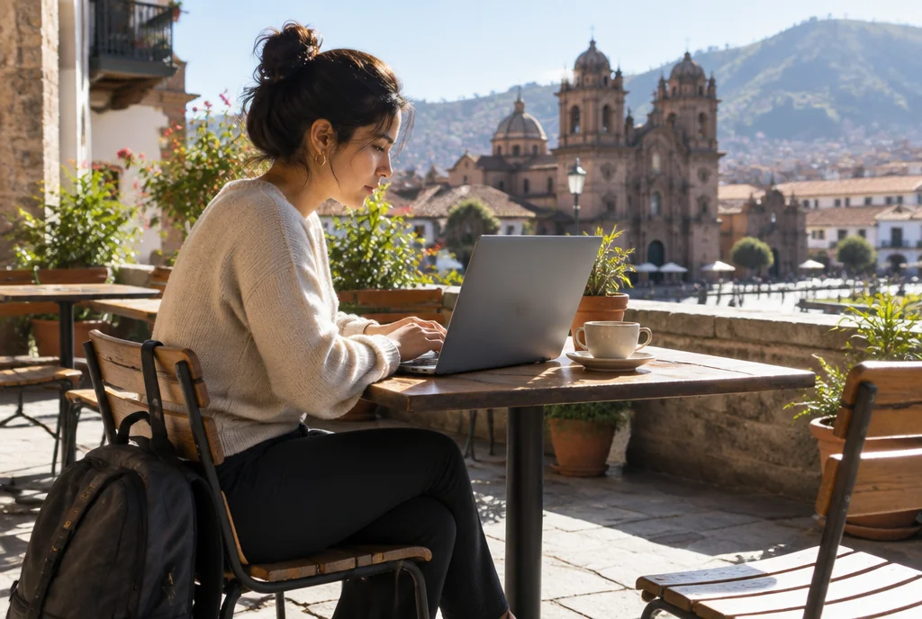 Ontopper working from a café terrace