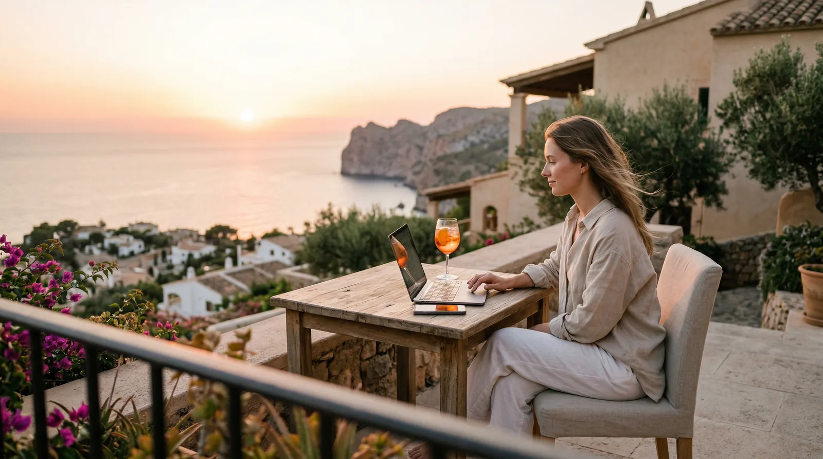 Finance lead working from a terrace while her global contractor team gets paid