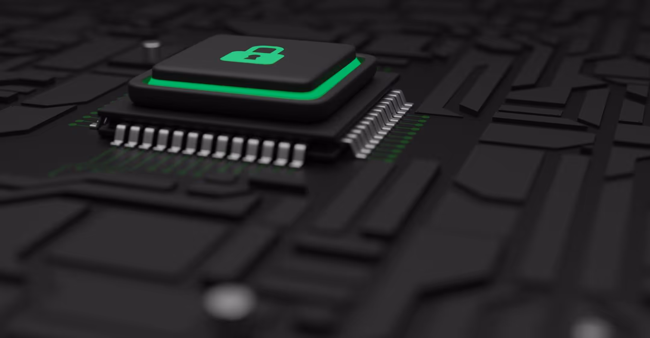 Close-up of a black computer chip on a motherboard with a green padlock icon symbolizing security.