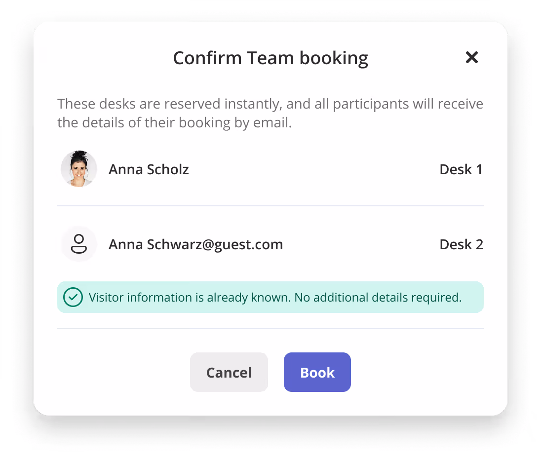 Popup zur Bestätigung der Teambuchung mit zwei Teilnehmern, Arbeitsplatzzuweisungen und Buttons zum Buchen oder Abbrechen.