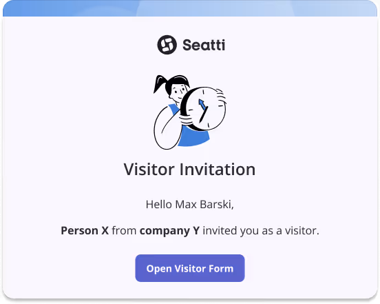 Seatti Besuchereinladung für Max Barski mit Einladung von Person X von Firma Y und Button zum Formular.
