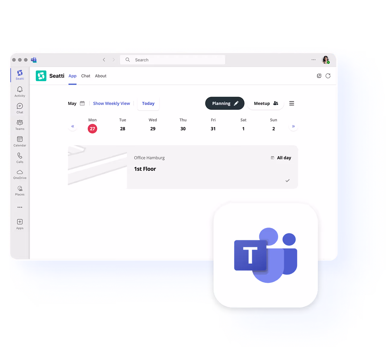 Microsoft Teams Kalender zeigt Planung für Office Hamburg am 27. Mai, 1. Stock, ganztägig.