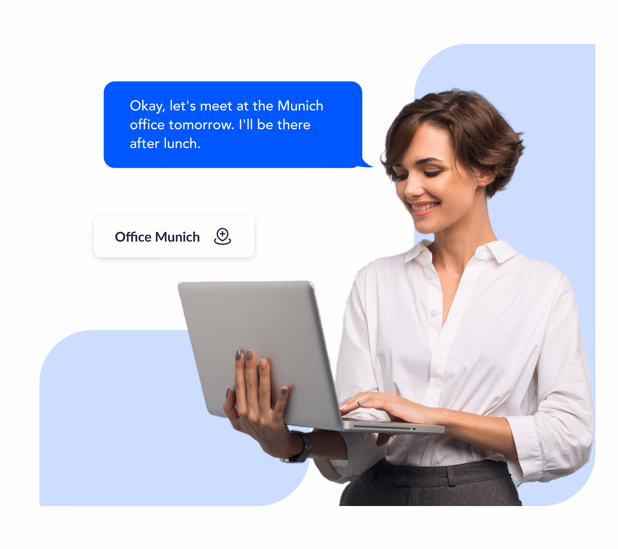 Frau mit Laptop tippt und sagt, sie trifft sich morgen im Münchner Büro nach dem Mittagessen.