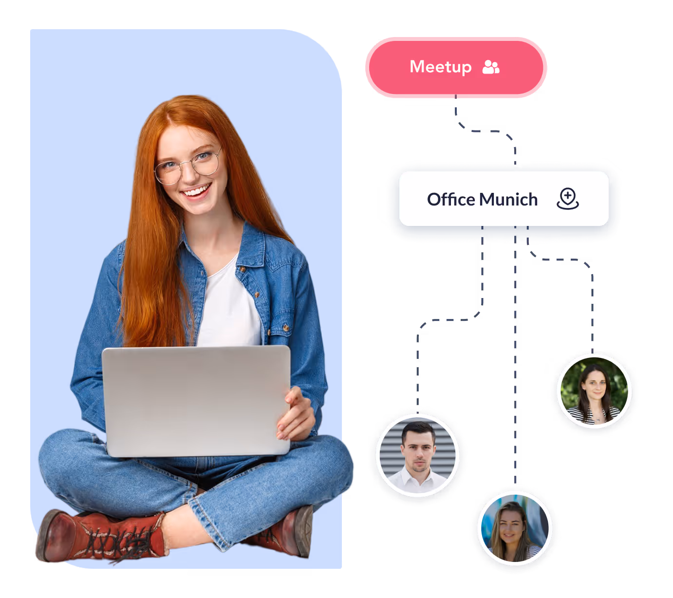 Junge Frau mit rotem Haar und Brille sitzt mit Laptop vor blauem Hintergrund, daneben Meetup Office Munich.